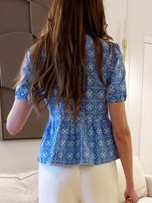 Pariaura Women's Fashion Short Sleeve Fitted Shirt, Elegant Embroidered Pattern, Spring/Summer - Blue - View 2