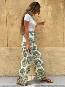 SHEIN Frenchy Quần thun xanh in họa tiết hoa Boho cho trang phục mặc hàng ngày Trang phục mùa hè cho phụ nữ Trang phục đi nghỉ cho phụ nữ Trang phục đi biển cho phụ nữ Trang phục mùa xuân cho phụ nữ Trang phục phương Tây cho phụ nữ Quần áo Boho cho phụ nữ - xanh quân đội - Xem 4