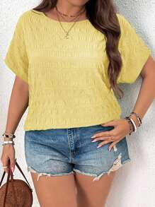 SHEIN VCAY Plus Size Batwing Sleeve Textured Round Neck Vacation Shirt - Mustard Yellow - View 3