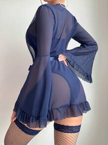 5 Pieces Set: Sexy Cut-Out Bodysuit + Robe + Belt + 2 Pairs Of Socks, Party Wear For Going Out - Navy Blue - View 2