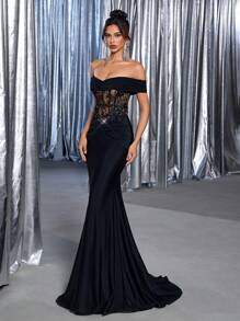 Glamrae Elegante y lujoso vestido negro de hombros descubiertos con bordados, aplicaciones de encaje, acento fruncido y volante de cola de sirena con tejido elástico, adecuado para bodas, cócteles, vacaciones, bailes y eventos formales (diseño elaborado), vestido de fiesta, vestido de noche, para invitados de boda - Negro - Ver 5
