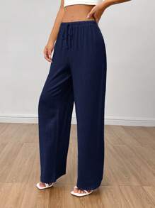 SHEIN PETITE Pantalones anchos de verano de lino con cintura alta para mujeres