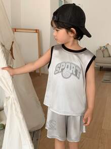 DAZY 2pcs/Set Toddler Boys' Round Neck Knitted Graphic Print T-Shirt And Shorts Set, Summer - Silver - View 5