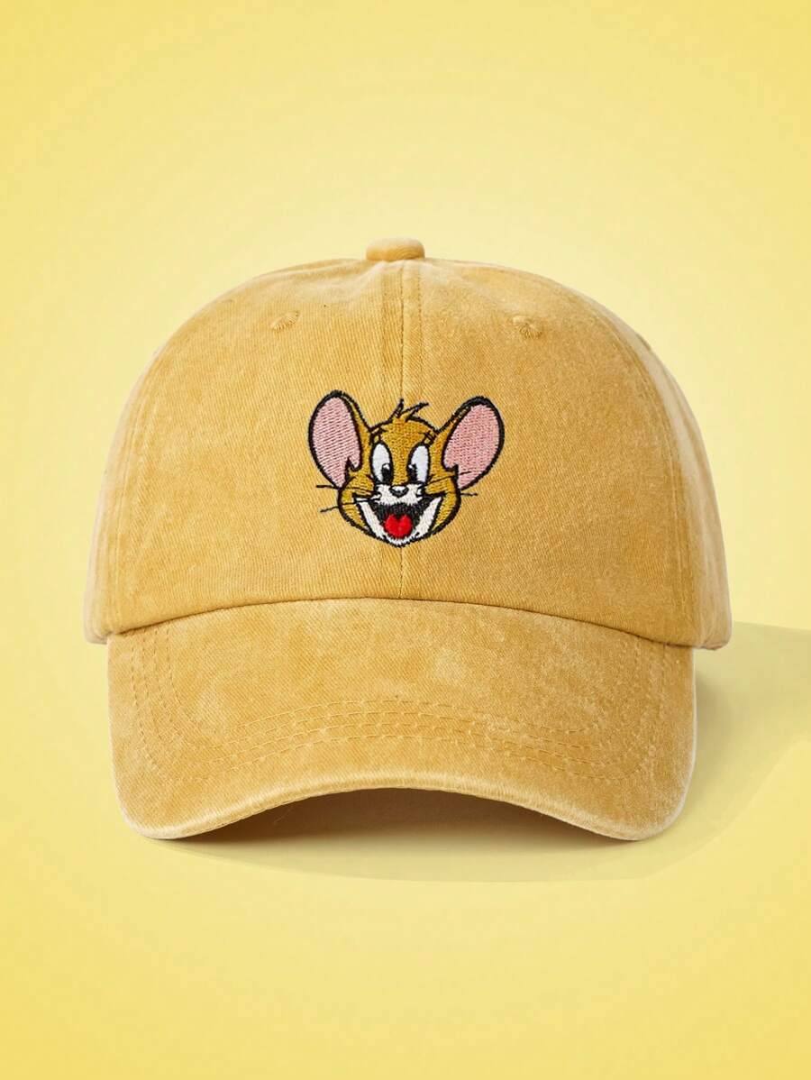 TOM & JERRY X SHEIN Cartoon Mouse Embroidered Stylish Baseball Cap - Yellow - View 1