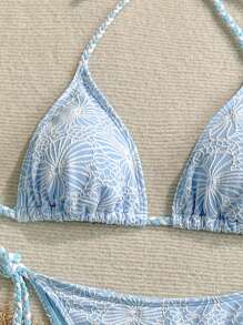 Swim Mod Conjunto de bikini de triángulo con diseño floral azul celeste y cuerda de color contrastante para chica adolescente en vacaciones de verano - Azul - Ver 3