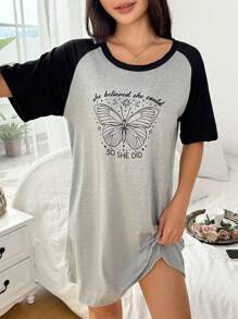 SHEIN Color-Block Letter & Butterfly Print Half Sleeve Nightgown, Moo Moo - Multicolor - View 6
