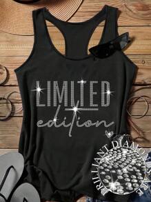 EMERY ROSE 休闲简约水钻“限量版”字母印花吊带背心，大码女款，适合夏季 - 黑色 - 查看 1