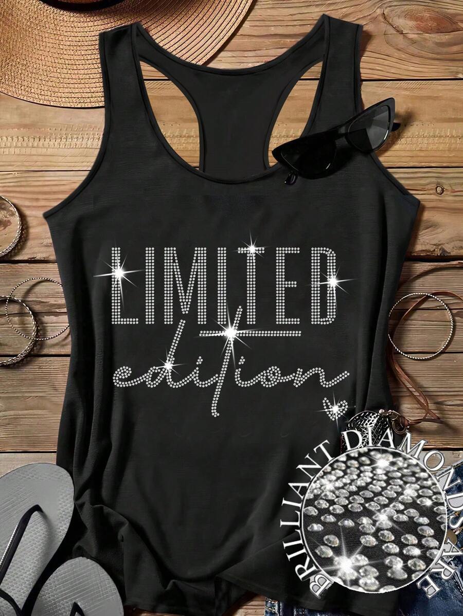 EMERY ROSE 休闲简约水钻“限量版”字母印花吊带背心，大码女款，适合夏季 - 黑色 - 查看 1