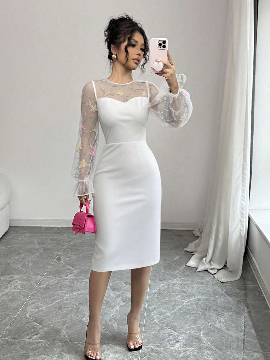Rafferiza Váy thêu hoa lưới tương phản thanh lịch mùa hè - trắng - Xem 1