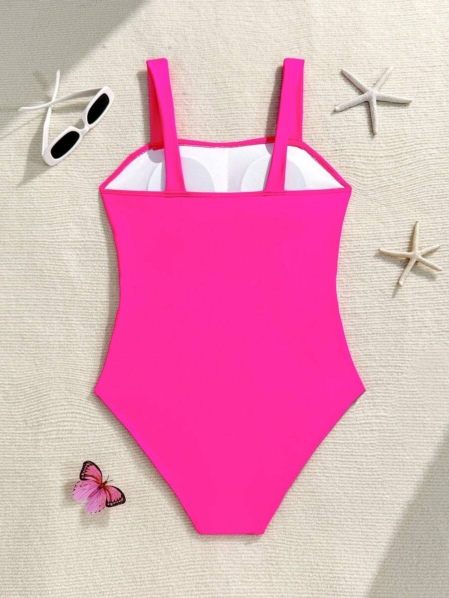 SHEIN Nuevo traje de baño de una pieza de unicolor con lados calados para adolescentes - Rosa Fucsia - Ver 1