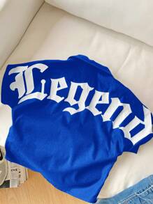 SHEIN 1pc Boys Casual Comfortable Versatile Letter Pattern Batwing Sleeve Shirt, Suitable For Spring & Summer - Royal Blue - View 6