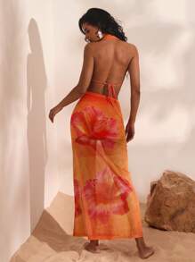 Opulessa 2 pezzi/set top a bretelle e gonna lunga in maxi stampa floreale da donna - Arancione - Visualizzare 2