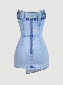 SHEIN MOD 女士不对称下摆牛仔抹胸连衣裙 - 藍色 - 查看 2