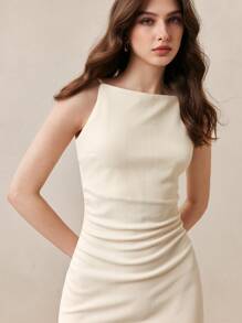 BizChic 女士白色束腰无袖连衣裙，都市通勤商务休闲优雅派对礼服，适合万圣节、圣诞节、派对场合 - 米色 - 查看 5