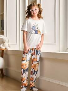 Conjunto de pijama para niñas con estampado de gato y contraste de colores, al estilo Ins - Multicolor - Ver 5