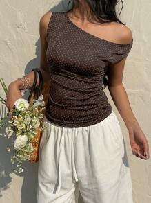 Flirla Women's Summer Polka Dot Print Ruffle Shoulder Fitted Blouse - Coffee Brown - View 4