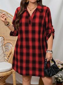 SHEIN LUNE Plus Size Plaid Print Long Sleeve Dress, Fashionable Suitable For Summer Mother Day Midi Dress  Simple & Fashionable - Red - View 1