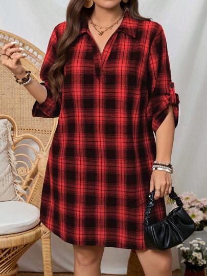 SHEIN LUNE Långärmad klänning med plädtryck i plusstorlek, moderiktig passande för sommaren