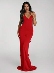 SHEIN BAE فستان كروشيه أنيق وجذاب للنساء، بتصميم ظهر كشف مزين بالزهور، قطع واسعة الطول - الأحمر - مشاهدة 4