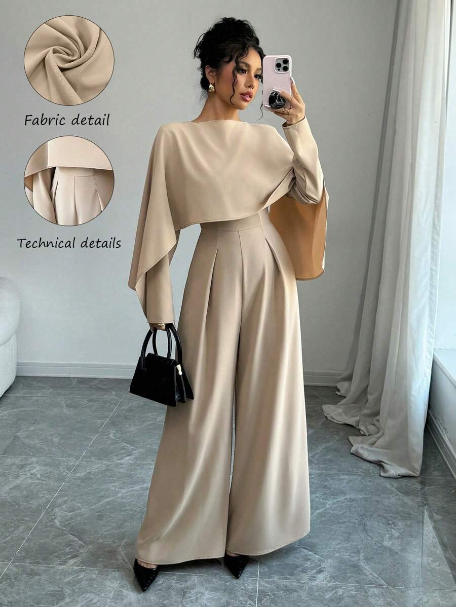 Selianne 女士优雅时尚长袖无领褶皱腰阔腿连体裤 - 杏色 - 查看 1