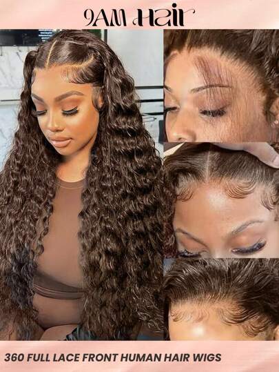 巧克力棕色蕾丝前假发，真人发质，360 度深波浪蕾丝前假发，真人发质，透明蕾丝彩色深卷发蕾丝前假发，预拔，自然发际线