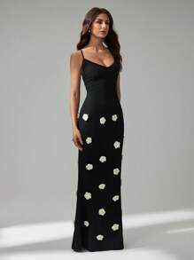 SHEIN Tall Đầm Maxi Ôm Sát Họa Tiết Hoa 3D Cho Nữ - màu đen - Xem 7