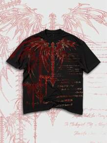 ROMWE MEN Men's Gothic Y2K Printed Short Sleeve T-Shirt And Shorts Set, Suitable For Everyday Wear In Spring/Summer, Halloween - Black - View 3