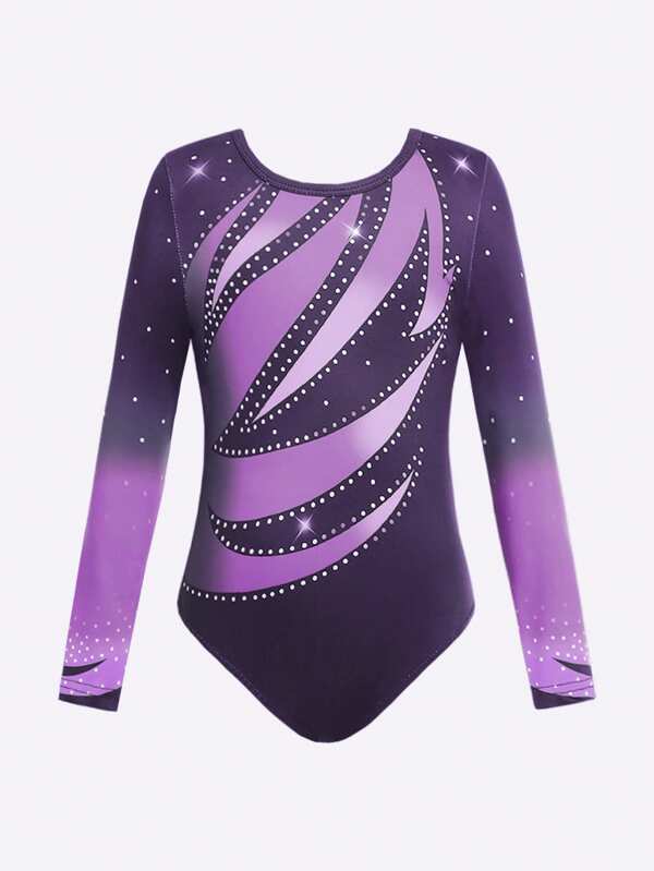 SHEIN 1pc Young Girls Athletic Leotard With Skirt, Cute Long Sleeve Gymnastics Bodysuit, Dance & Sports Wear, Black Stretch Performance Costume