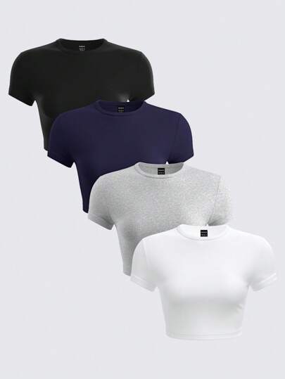 SHEIN BASICS Set de 4 camisetas cortas de manga corta, ajustadas, con cuello redondo y de un solo color, de punto, para mujer