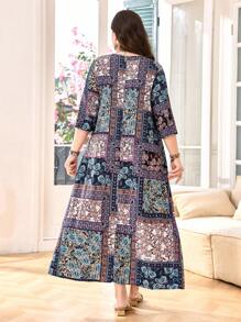 SHEIN Lacomfia Plus Size Women's Spring/Autumn Square Collar Printed 3/4 Sleeve Slimming Cinched Waist Dress