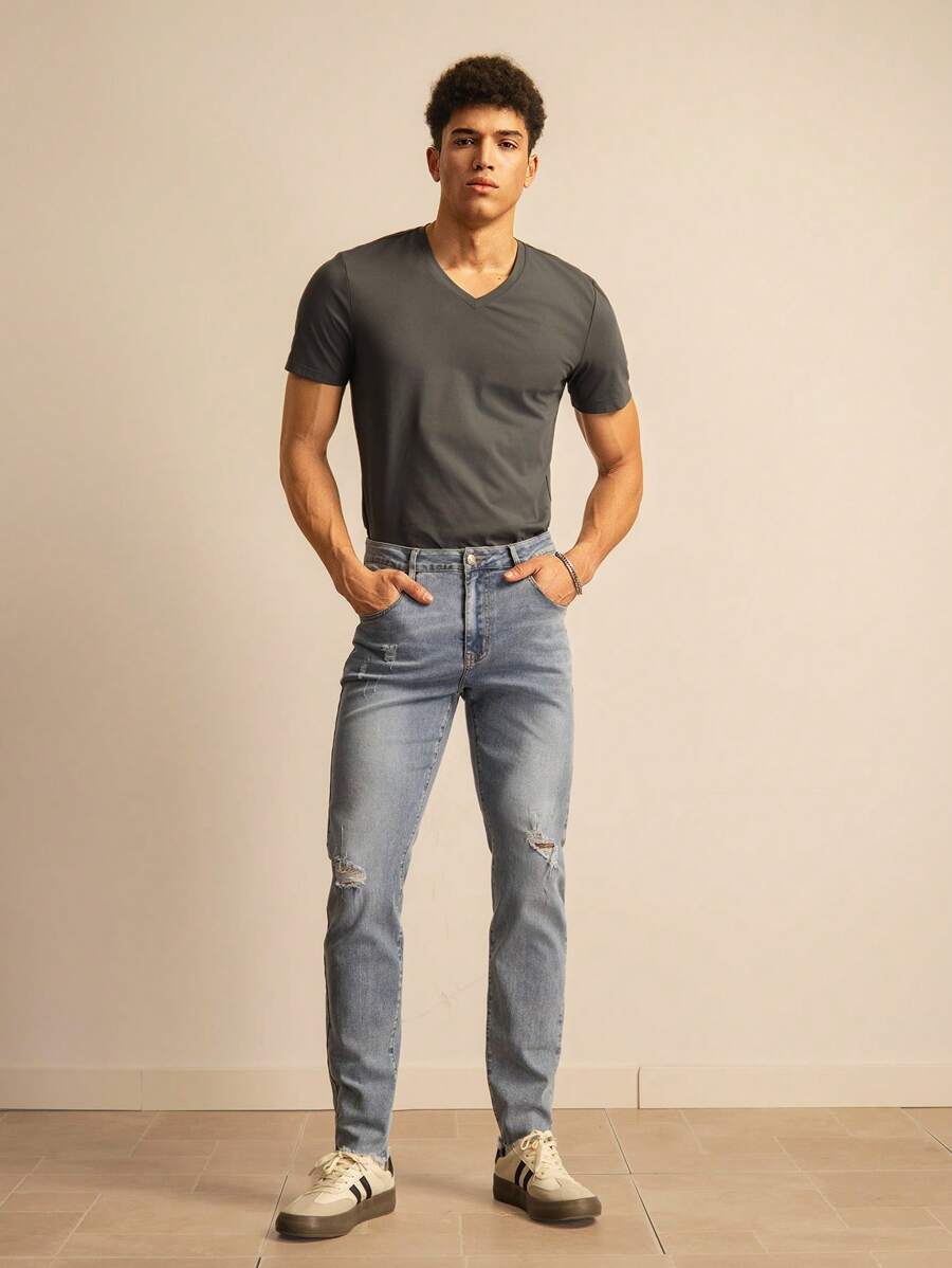 SWAVVY 男士时尚休闲修身弹力轻洗做旧牛仔裤 - 淺藍色 - 查看 1