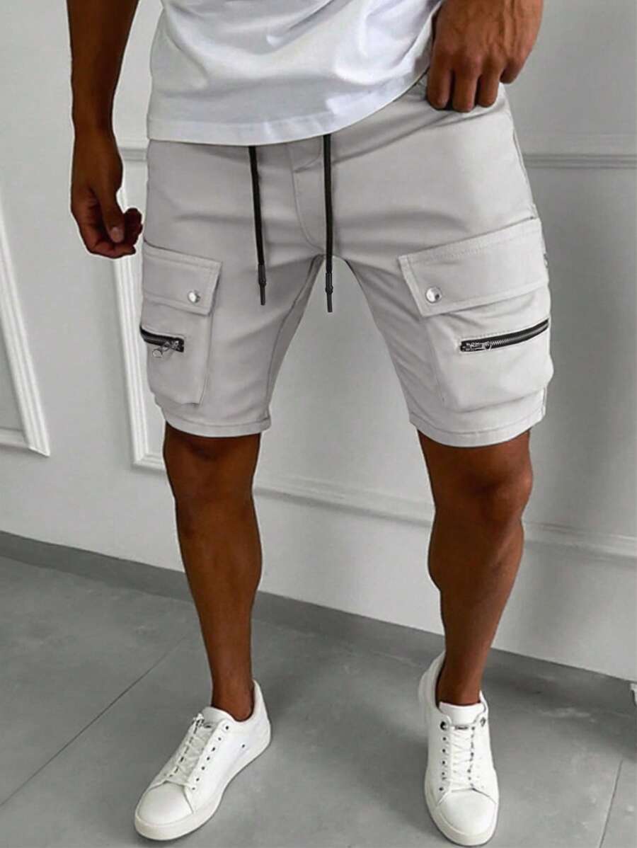 Manfinity Homme 男士纯色口袋装饰抽绳 Y2k 短裤白色短裤 - 淺灰色 - 查看 1
