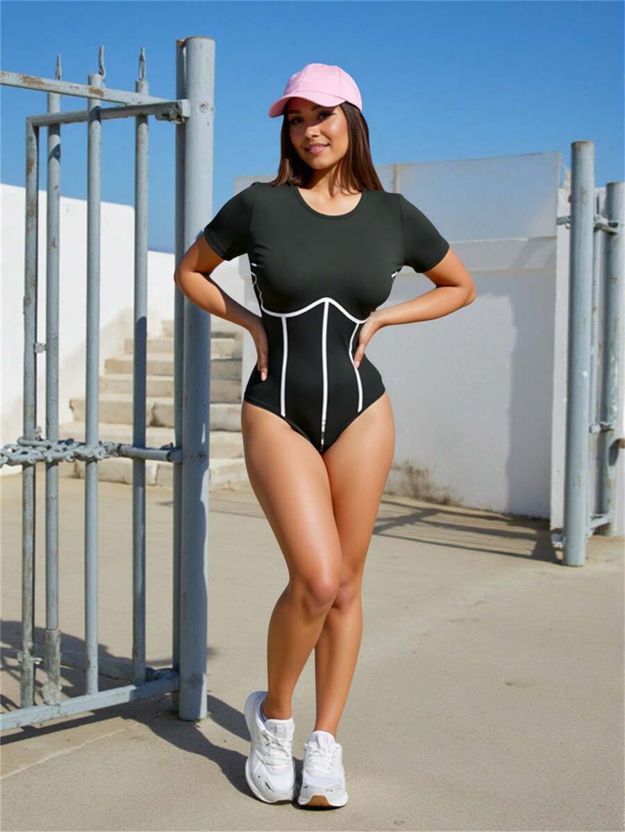 SHEIN EZwear 大码春夏反光条纹黑色紧身衣 - 黑色 - 查看 1