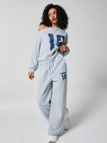 SHEIN EZwear Girls Y2K Preppy Daily Wear Number Printed Keep Warm Asymmetrical Neck Long Sleeve Sweatshirt And White Elastic Waistband Wide Leg Sweatpants