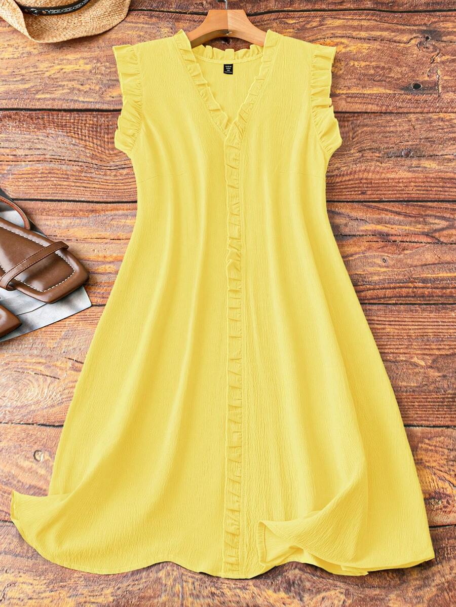 Linhara Plus Size Women Sleeveless Dress With V-Neck, Ruffle Trim On Sleeve Cuff And Neckline, Casual And Comfortable For Daily Commute - Yellow - View 1