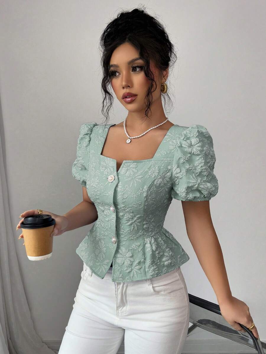 Elenzga Áo sơ mi nữ mùa hè mới cổ vuông hở phía trước tay ngắn bèo nhún viền bèo nhún, đa năng khi đi làm, dự tiệc và hẹn hò, thời trang thanh lịch cho các quý cô trẻ trung - màu xanh lá - Xem 1