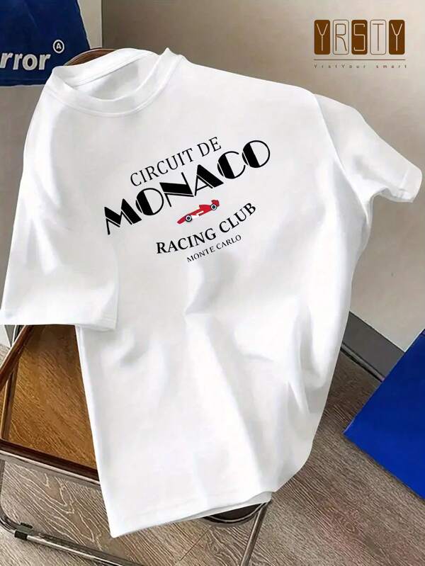 Manfinity Dauomo Men's Outdoor Adventure Monaco Racing Club Graphic T-Shirt, Casual Short Sleeve Round Neck Tee, Monaco Racetrack Print, White Polyester Blend, Suitable For Outdoor Wear