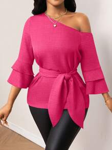 Lyxana 纯色牛仔效果不对称领口荷叶边袖系带衬衫