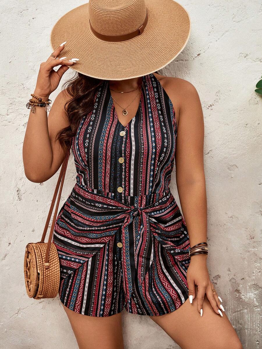 SHEIN VCAY Frauen Große Größen gestreifter Knopf Bindevorrichtung Vorderseite Träger Romper Overalls Frauen Boho Damenmode Westernbekleidung für Frauen Land Konzert Outfit - Verschiedenfarbig - Übersicht 1