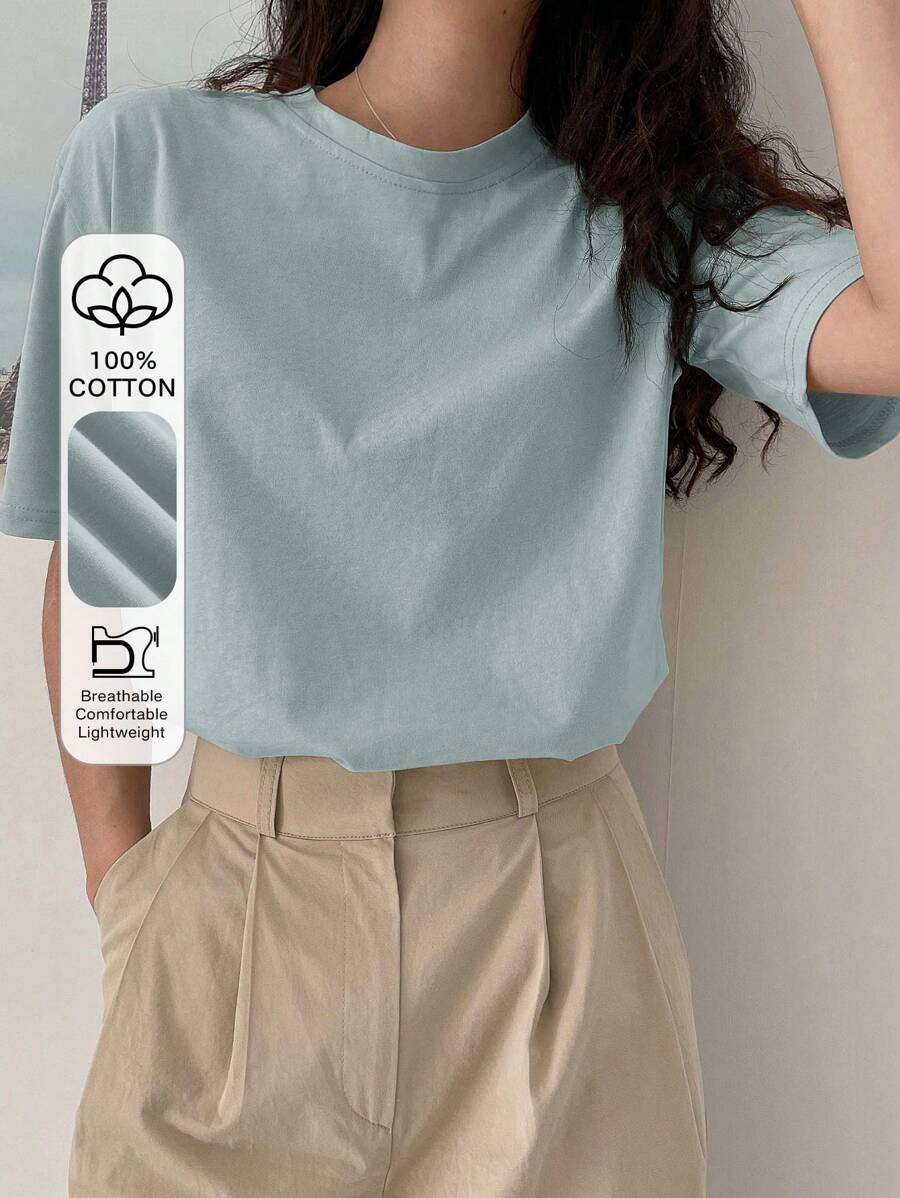 DAZY Women Simple Solid Color Round Neck Breathable Short Sleeve T-Shirt, Summer - Baby Blue - View 1