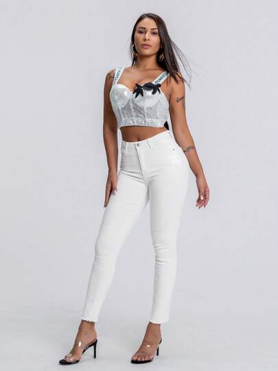 SHEIN SXY Solid Color Slim Fit Pocket Frayed Hem Fashionable Casual Jeans Pants
