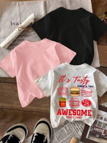 SHEIN Leap Crew ModeFlare Wear Young Girl Casual Simple Cute Food Print, French Fries, Hamburgers, Skateboard Cartoon Pattern 3 Packs, Pink + White + Black All-Match Street Fashion T-Shirt Suitable For Summer - Multicolor - View 3