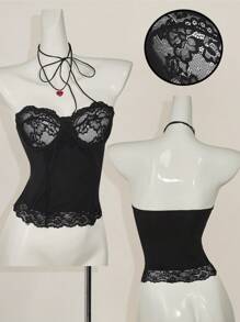 SHEIN ICON Women's Slim Fit Lace Sheer Panel Underwire Halter Neck Top - Black - View 7