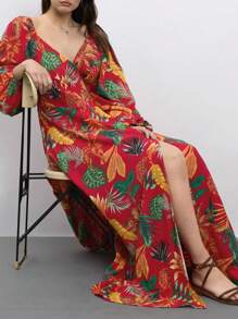 Maija Plus Size Red Autumn Boho Satin Vacation Holiday Summer Floral Maxi Women Dresses,Country Festival Beach Outfits,Elegant Business Casual - Multicolor - View 1