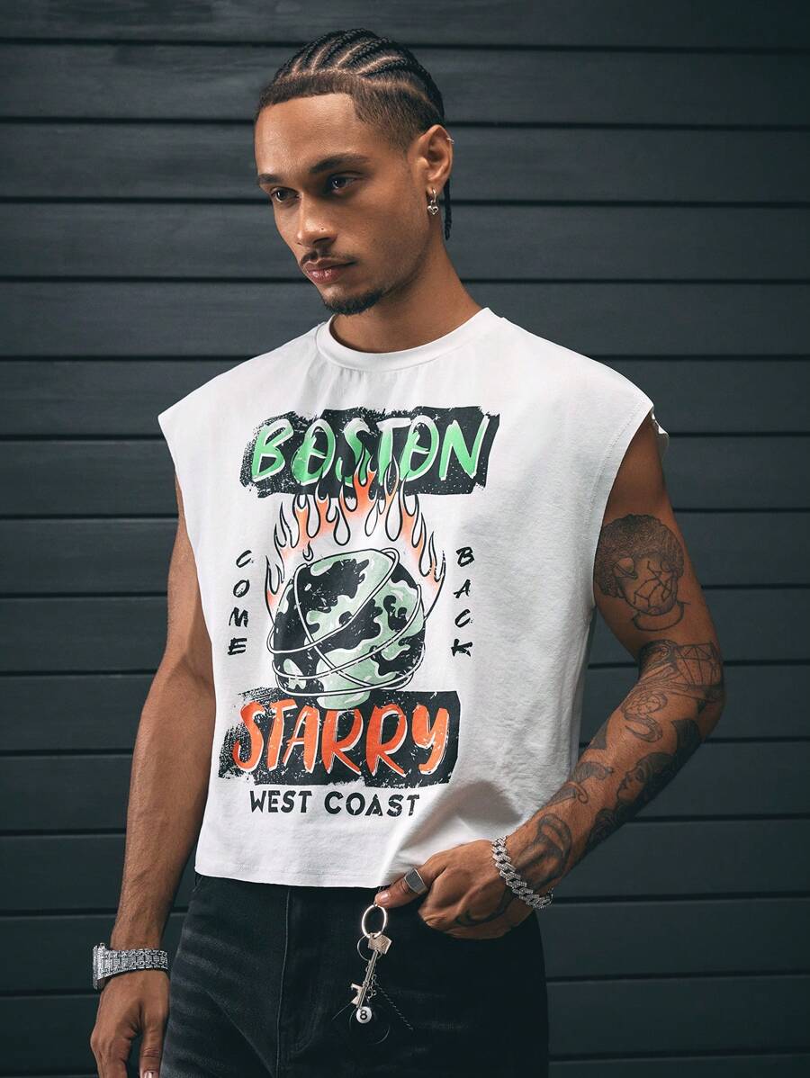 AXEPEAK Men's Streetwear Style Small Crew Neck Front-Print Loose Boxy-Fit Top, Available - White - View 1