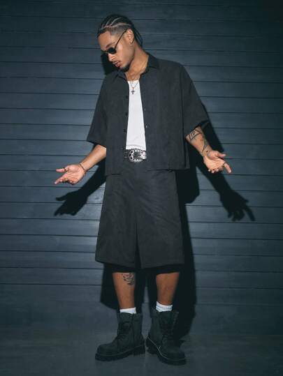 AXEPEAK 2 件套街头风格男士休闲翻领短袖宽松衬衫上衣和短裤套装，多种尺码可选