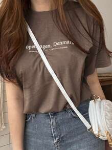 DAZY Kaos Wanita Lengan Pendek Leher Bulat dengan Motif Huruf, Modis untuk Musim Panas - Grey - View 8