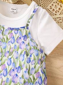 SHEIN 2pcs/Set Young Girls' Solid Color Short Sleeve T-Shirt & Floral Print Cami Dress