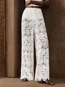 Maija 女式白色松紧腰佩斯利蕾丝优雅时尚性感半透明宽松沙滩度假裤，夏季 - 白色 - 查看 5