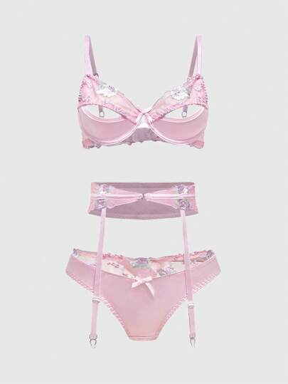 Sweetness Sexy Satin Lace Embroidery Hollow-Out With Underwire Bra Set